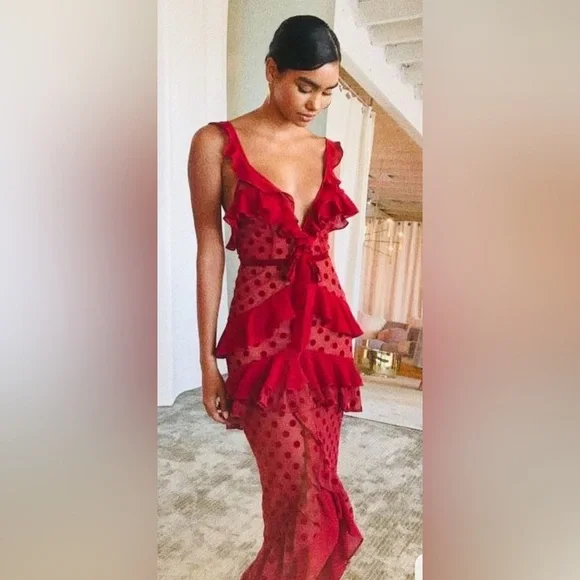 For Love & Lemons Dotty Dress Women’s Small Red Sheer Mesh Ruffle Midi Cocktail - Picture 2 of 9